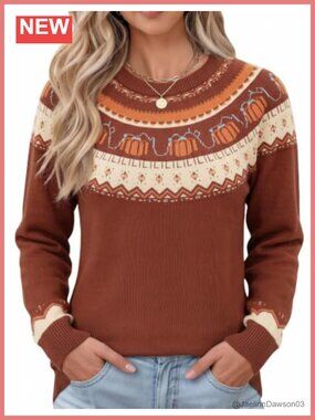 Womens Casual Lightweight Fair Isle Sweater Raglan Sleeve Crew Neck Knit